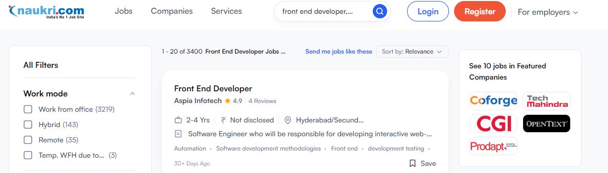 naukri job opportunities for front end developer